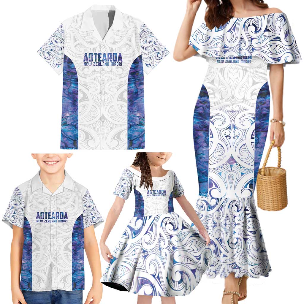 Custom New Zealand Aotearoa Family Matching Mermaid Dress and Hawaiian Shirt Purple Maori Paua Shell Indigenous - Polynesian Pride