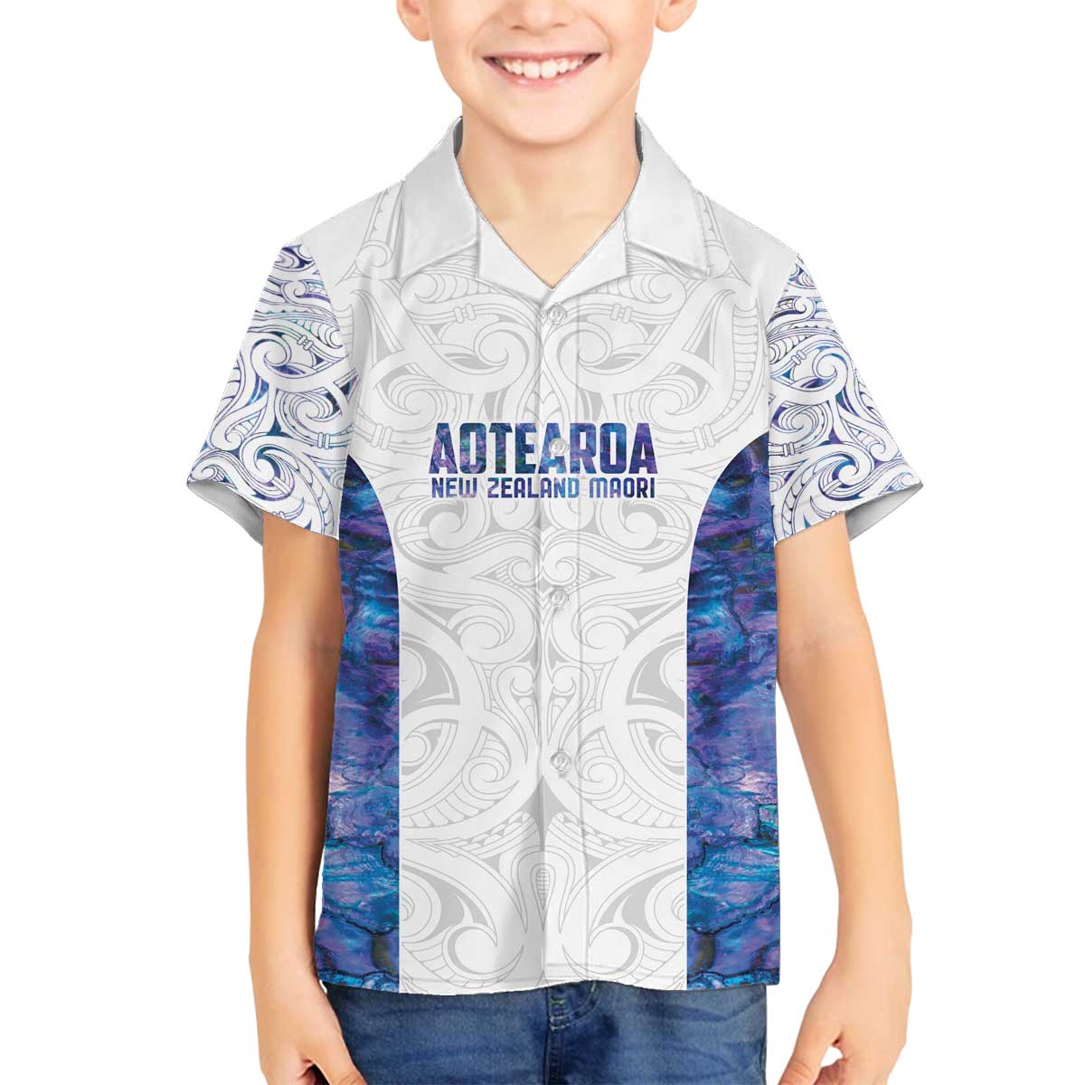 Custom New Zealand Aotearoa Family Matching Off The Shoulder Long Sleeve Dress and Hawaiian Shirt Purple Maori Paua Shell Indigenous - Polynesian Pride
