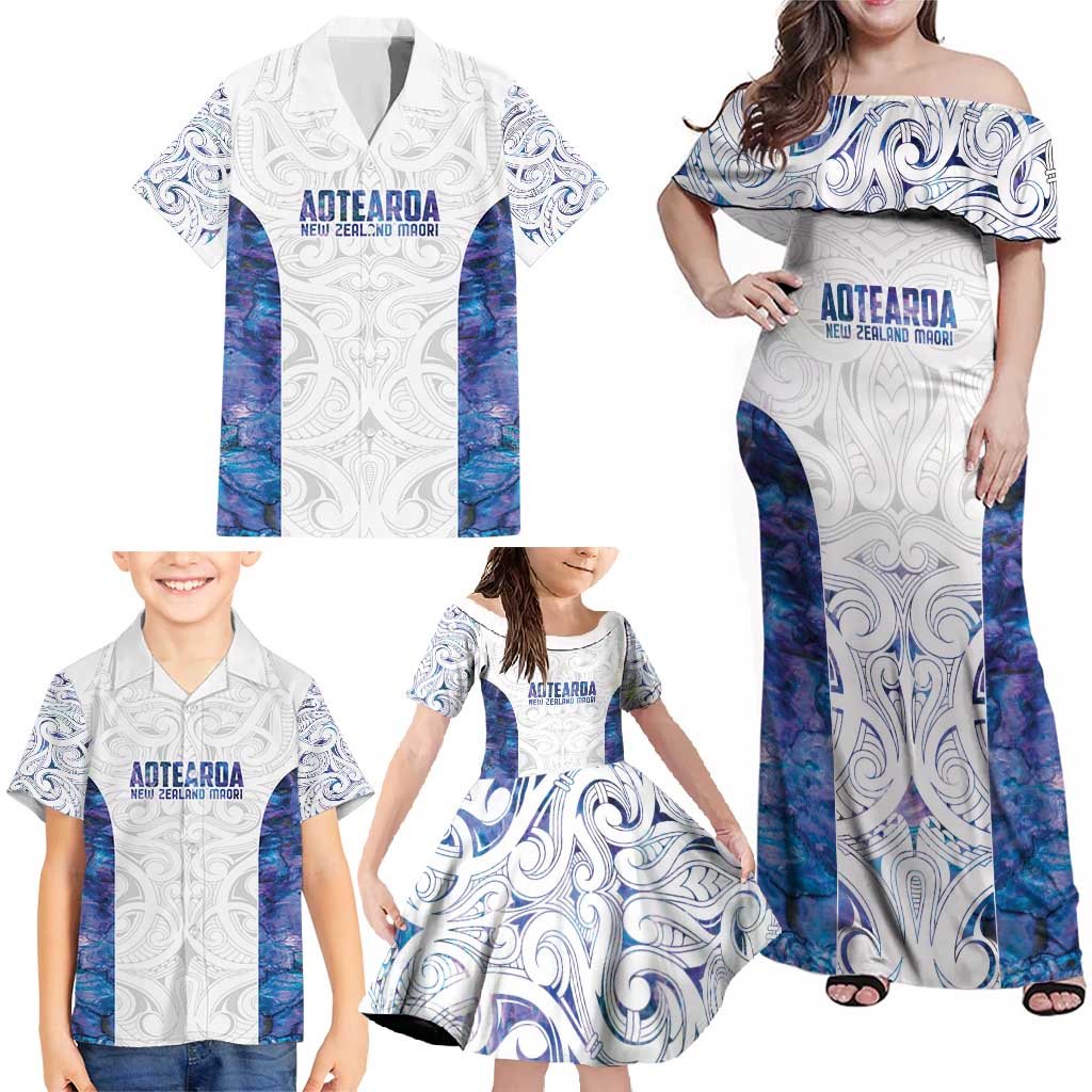 Custom New Zealand Aotearoa Family Matching Off Shoulder Maxi Dress and Hawaiian Shirt Purple Maori Paua Shell Indigenous - Polynesian Pride