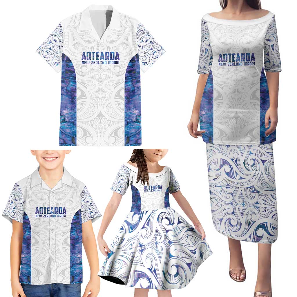 Custom New Zealand Aotearoa Family Matching Puletasi and Hawaiian Shirt Purple Maori Paua Shell Indigenous - Polynesian Pride