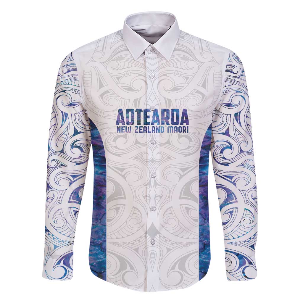 Custom New Zealand Aotearoa Family Matching Short Sleeve Bodycon Dress and Hawaiian Shirt Purple Maori Paua Shell Indigenous LT9 Dad's Shirt - Long Sleeve Purple - Polynesian Pride