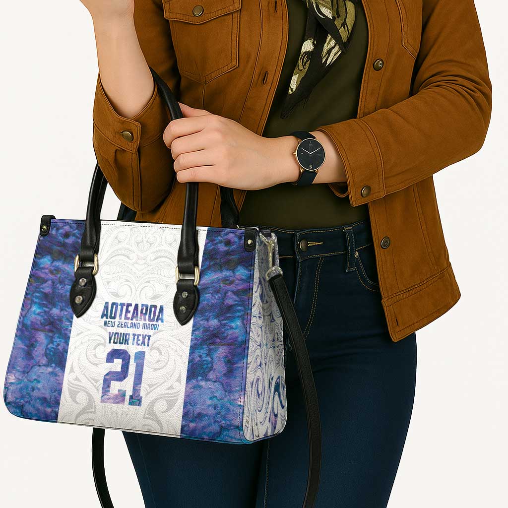 Custom New Zealand Aotearoa Leather Bag Purple Maori Paua Shell Indigenous - Polynesian Pride
