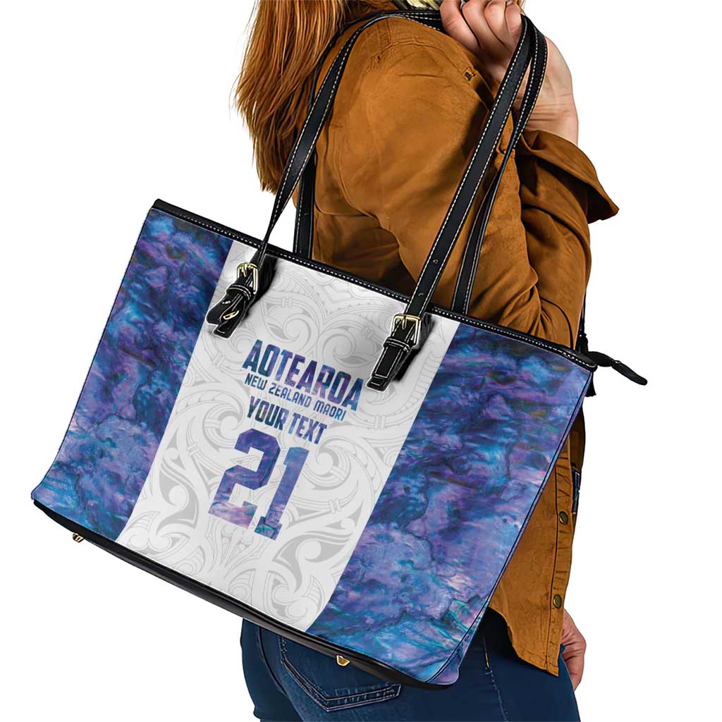 Custom New Zealand Aotearoa Leather Tote Bag Purple Maori Paua Shell Indigenous LT9 - Polynesian Pride