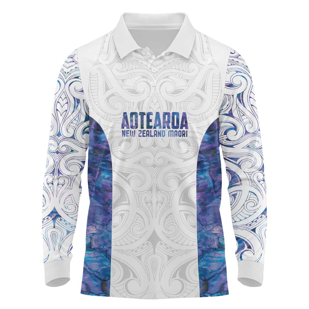 Custom New Zealand Aotearoa Long Sleeve Polo Shirt Purple Maori Paua Shell Indigenous - Polynesian Pride