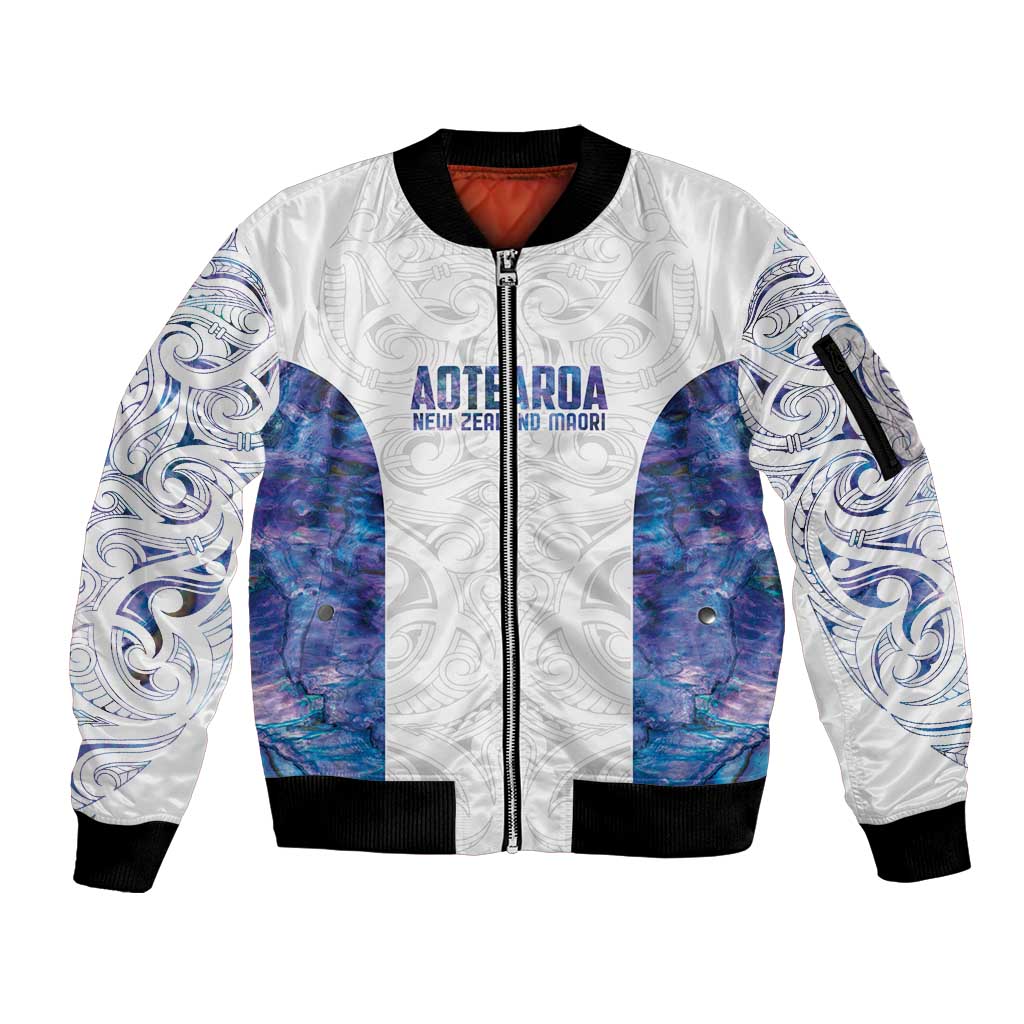 Custom New Zealand Aotearoa Sleeve Zip Bomber Jacket Purple Maori Paua Shell Indigenous - Polynesian Pride