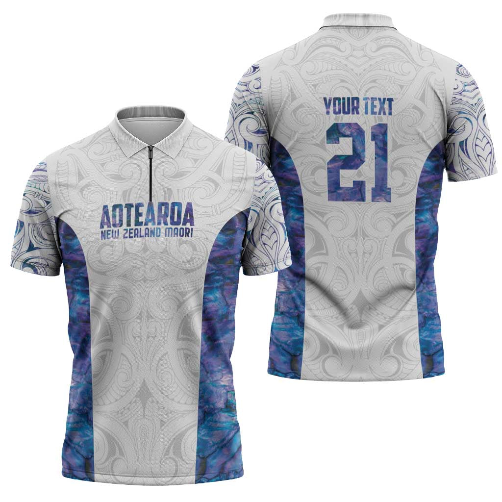 Custom New Zealand Aotearoa Zipper Polo Shirt Purple Maori Paua Shell Indigenous - Polynesian Pride