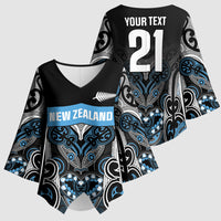 World Cricket Custom New Zealand Kimono Sleeve Blouse Kia kaha nga Potae Pango