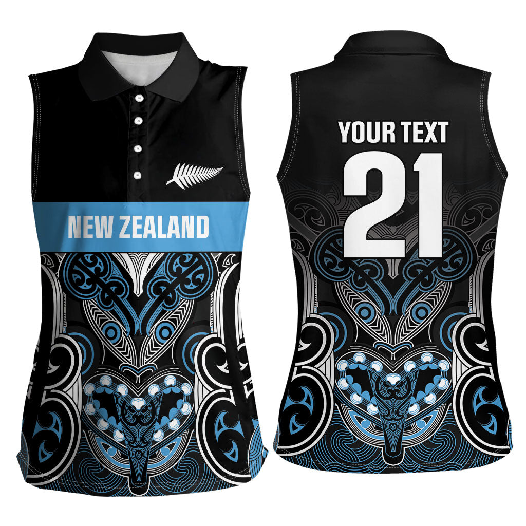 World Cricket Custom New Zealand Women Sleeveless Polo Shirt Kia kaha nga Potae Pango