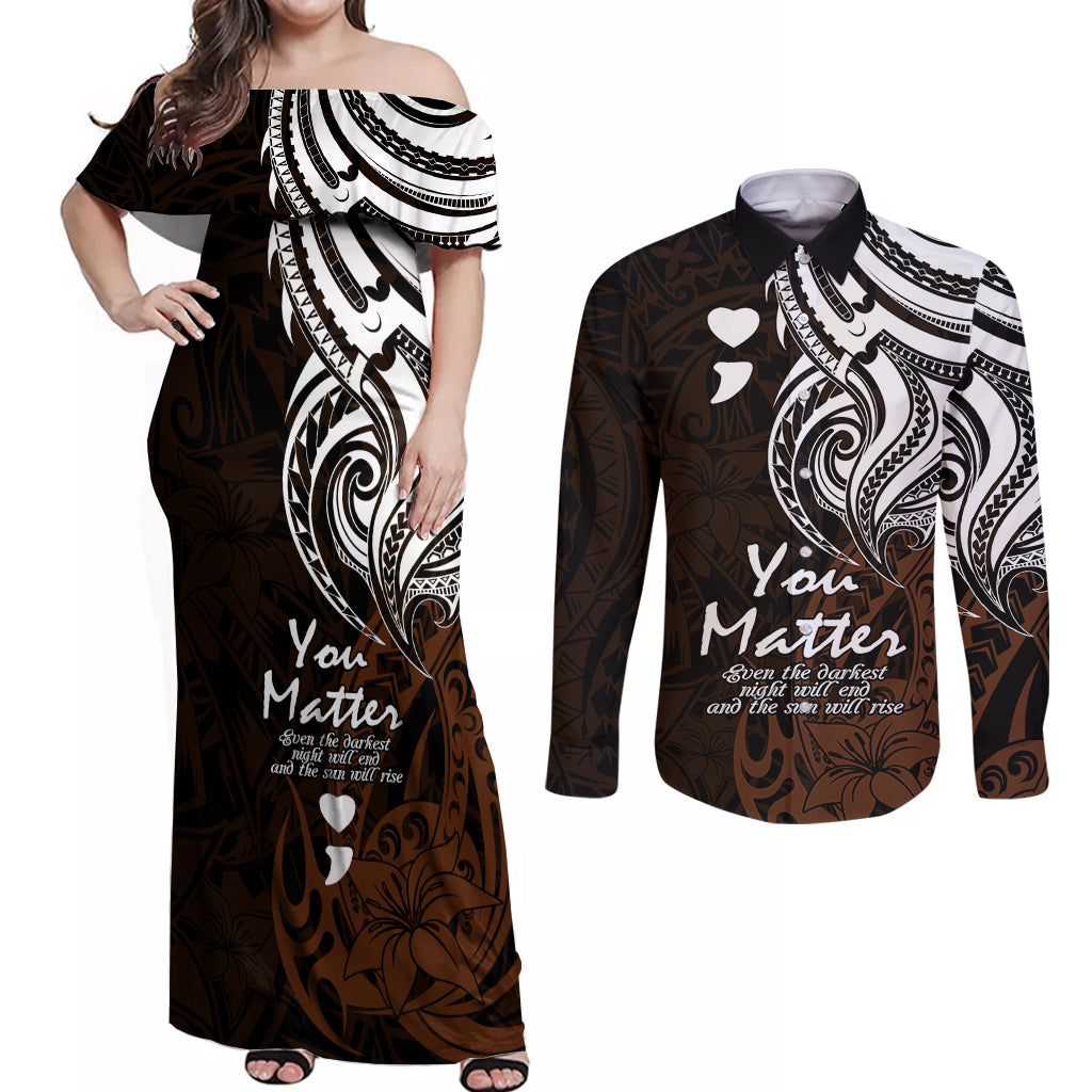 Your Matter Suicide Prevention Couples Matching Off Shoulder Maxi Dress and Long Sleeve Button Shirts Gold Polynesian Tribal LT9 Gold - Polynesian Pride