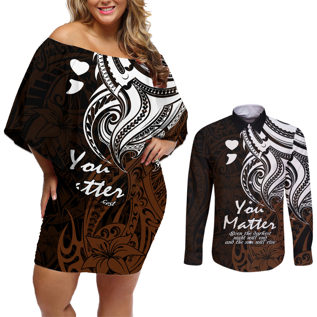 Your Matter Suicide Prevention Couples Matching Off Shoulder Short Dress and Long Sleeve Button Shirts Gold Polynesian Tribal LT9 Gold - Polynesian Pride