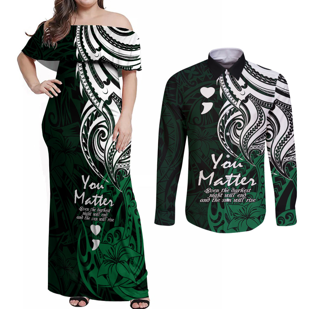 Your Matter Suicide Prevention Couples Matching Off Shoulder Maxi Dress and Long Sleeve Button Shirts Green Polynesian Tribal LT9 Green - Polynesian Pride