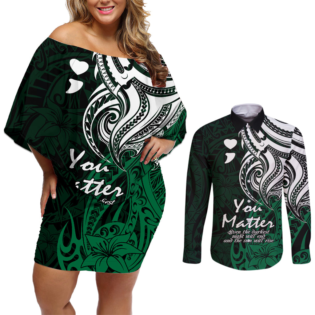 Your Matter Suicide Prevention Couples Matching Off Shoulder Short Dress and Long Sleeve Button Shirts Green Polynesian Tribal LT9 Green - Polynesian Pride