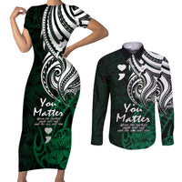 Your Matter Suicide Prevention Couples Matching Short Sleeve Bodycon Dress and Long Sleeve Button Shirts Green Polynesian Tribal LT9 Green - Polynesian Pride