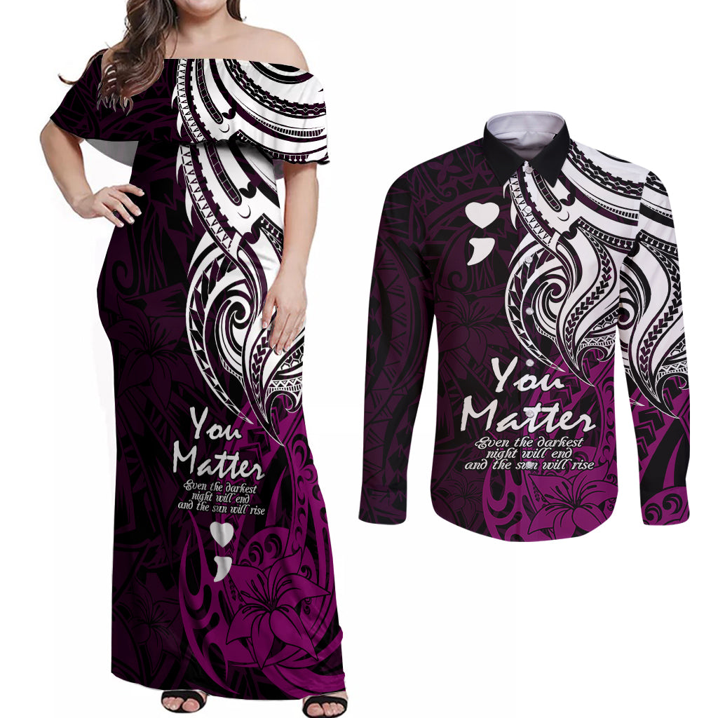 Your Matter Suicide Prevention Couples Matching Off Shoulder Maxi Dress and Long Sleeve Button Shirts Pink Polynesian Tribal LT9 Pink - Polynesian Pride