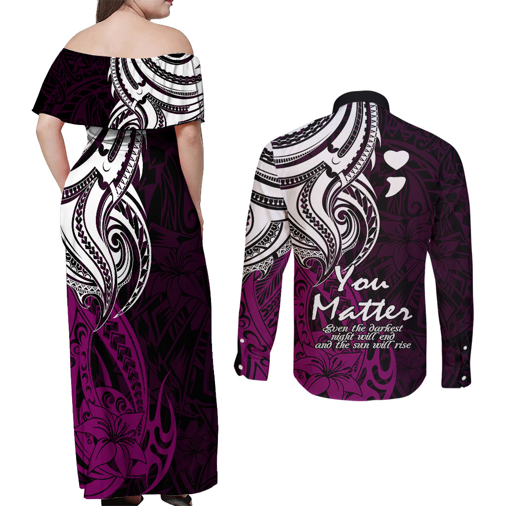 Your Matter Suicide Prevention Couples Matching Off Shoulder Maxi Dress and Long Sleeve Button Shirts Pink Polynesian Tribal LT9 - Polynesian Pride