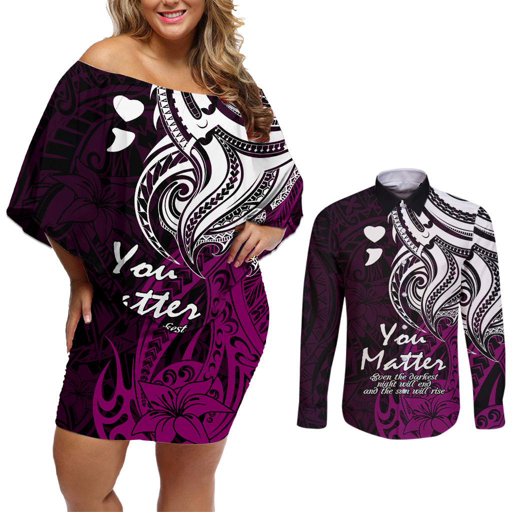 Your Matter Suicide Prevention Couples Matching Off Shoulder Short Dress and Long Sleeve Button Shirts Pink Polynesian Tribal LT9 Pink - Polynesian Pride