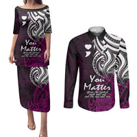 Your Matter Suicide Prevention Couples Matching Puletasi Dress and Long Sleeve Button Shirts Pink Polynesian Tribal LT9 Pink - Polynesian Pride