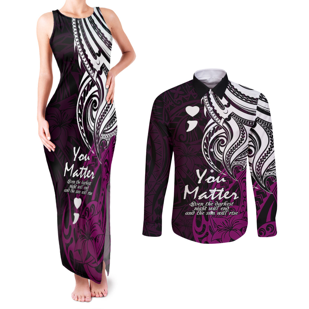 Your Matter Suicide Prevention Couples Matching Tank Maxi Dress and Long Sleeve Button Shirts Pink Polynesian Tribal LT9 Pink - Polynesian Pride