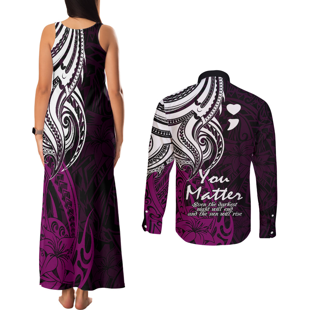 Your Matter Suicide Prevention Couples Matching Tank Maxi Dress and Long Sleeve Button Shirts Pink Polynesian Tribal LT9 - Polynesian Pride