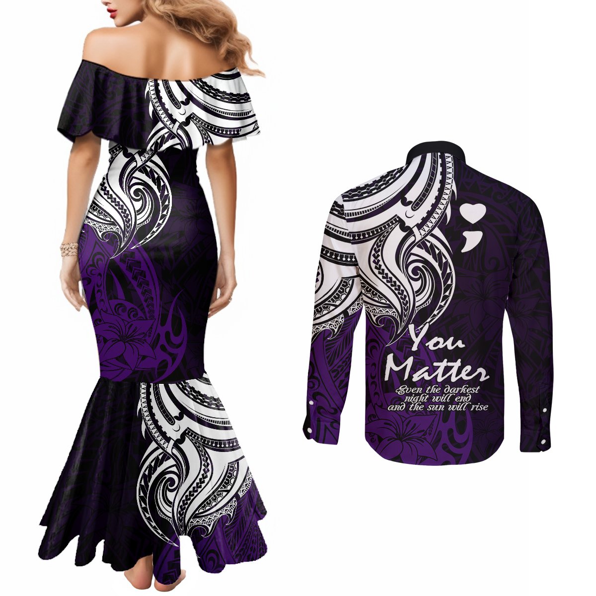Your Matter Suicide Prevention Couples Matching Mermaid Dress and Long Sleeve Button Shirts Purple Polynesian Tribal LT9 - Polynesian Pride