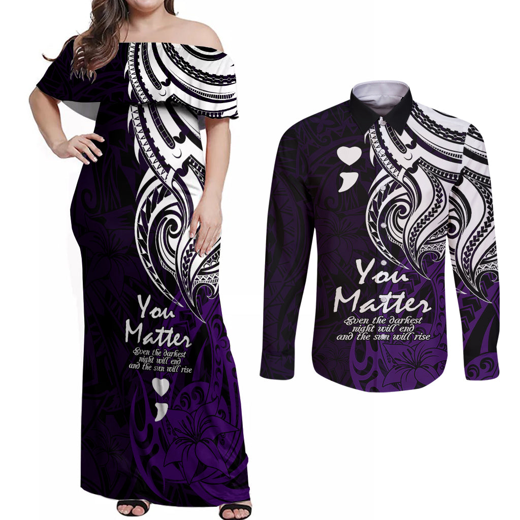 Your Matter Suicide Prevention Couples Matching Off Shoulder Maxi Dress and Long Sleeve Button Shirts Purple Polynesian Tribal LT9 Purple - Polynesian Pride