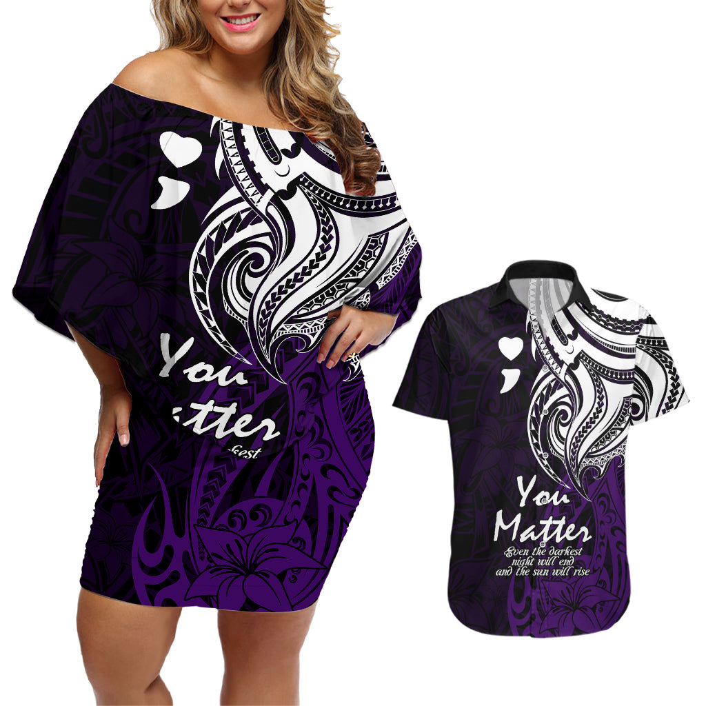 Your Matter Suicide Prevention Couples Matching Off Shoulder Short Dress and Hawaiian Shirt Purple Polynesian Tribal LT9 Purple - Polynesian Pride