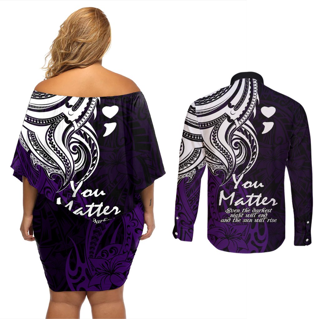 Your Matter Suicide Prevention Couples Matching Off Shoulder Short Dress and Long Sleeve Button Shirts Purple Polynesian Tribal LT9 - Polynesian Pride
