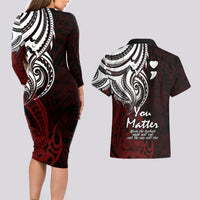 Your Matter Suicide Prevention Couples Matching Long Sleeve Bodycon Dress and Hawaiian Shirt Red Polynesian Tribal LT9 - Polynesian Pride