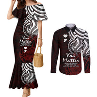 Your Matter Suicide Prevention Couples Matching Mermaid Dress and Long Sleeve Button Shirts Red Polynesian Tribal LT9 Red - Polynesian Pride
