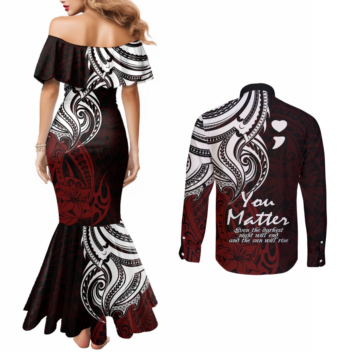 Your Matter Suicide Prevention Couples Matching Mermaid Dress and Long Sleeve Button Shirts Red Polynesian Tribal LT9 - Polynesian Pride