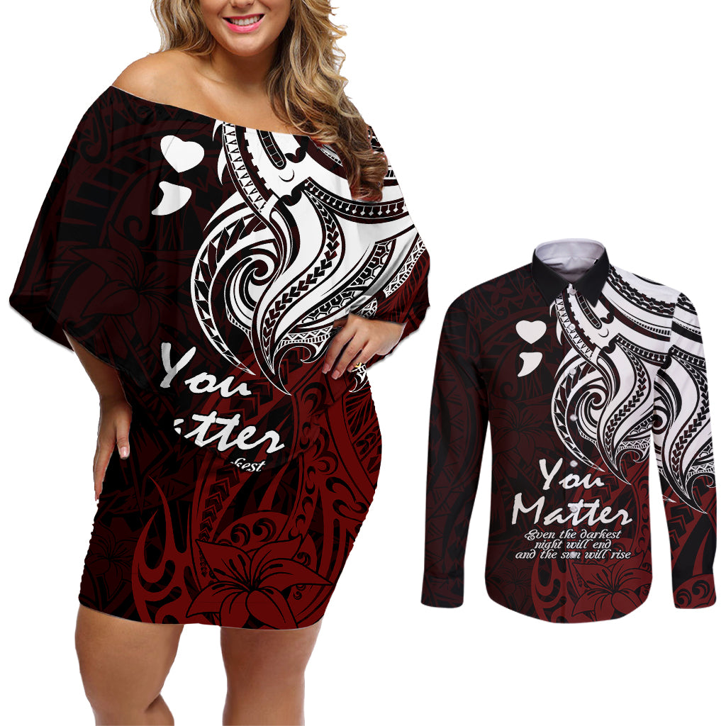 Your Matter Suicide Prevention Couples Matching Off Shoulder Short Dress and Long Sleeve Button Shirts Red Polynesian Tribal LT9 Red - Polynesian Pride