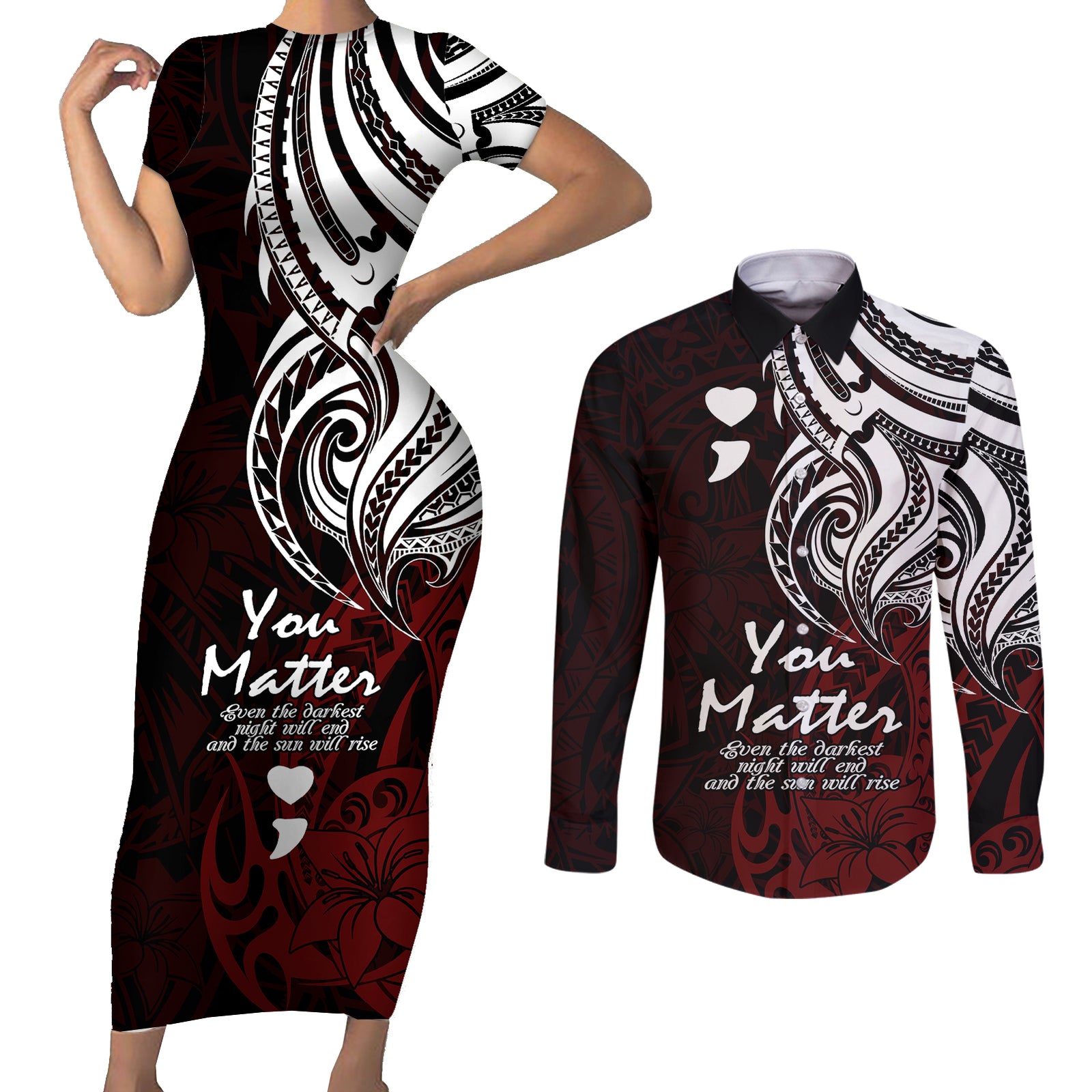 Your Matter Suicide Prevention Couples Matching Short Sleeve Bodycon Dress and Long Sleeve Button Shirts Red Polynesian Tribal LT9 Red - Polynesian Pride