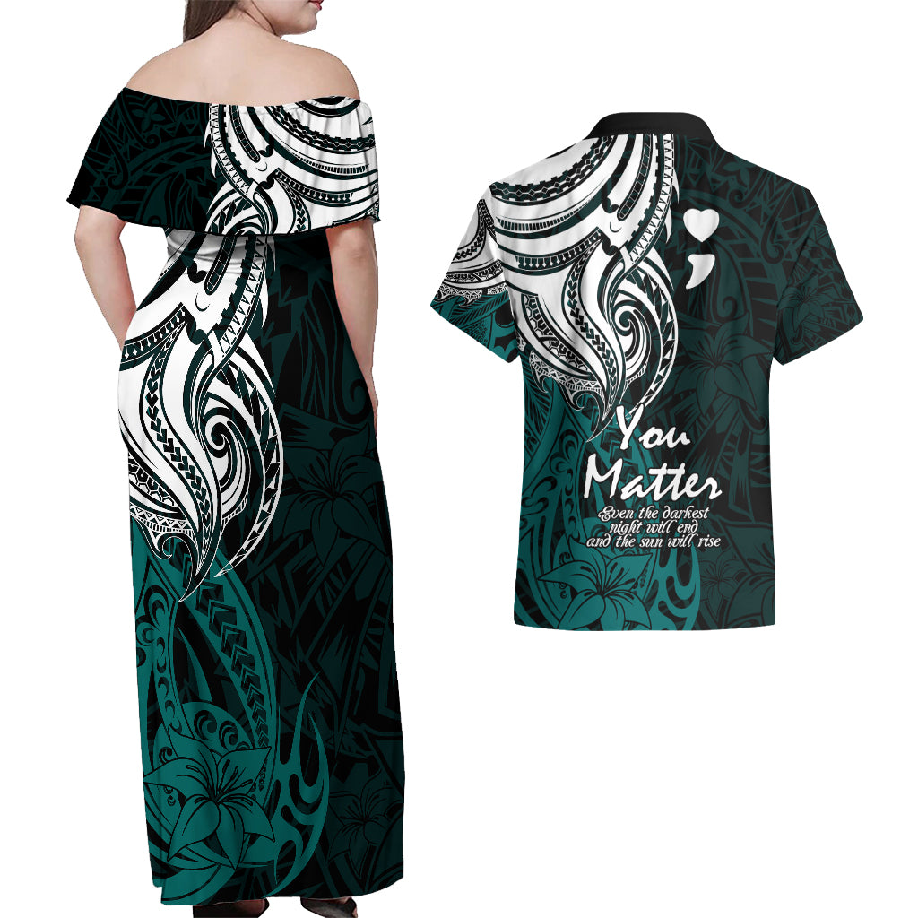 Your Matter Suicide Prevention Couples Matching Off Shoulder Maxi Dress and Hawaiian Shirt Turqoise Polynesian Tribal LT9 - Polynesian Pride