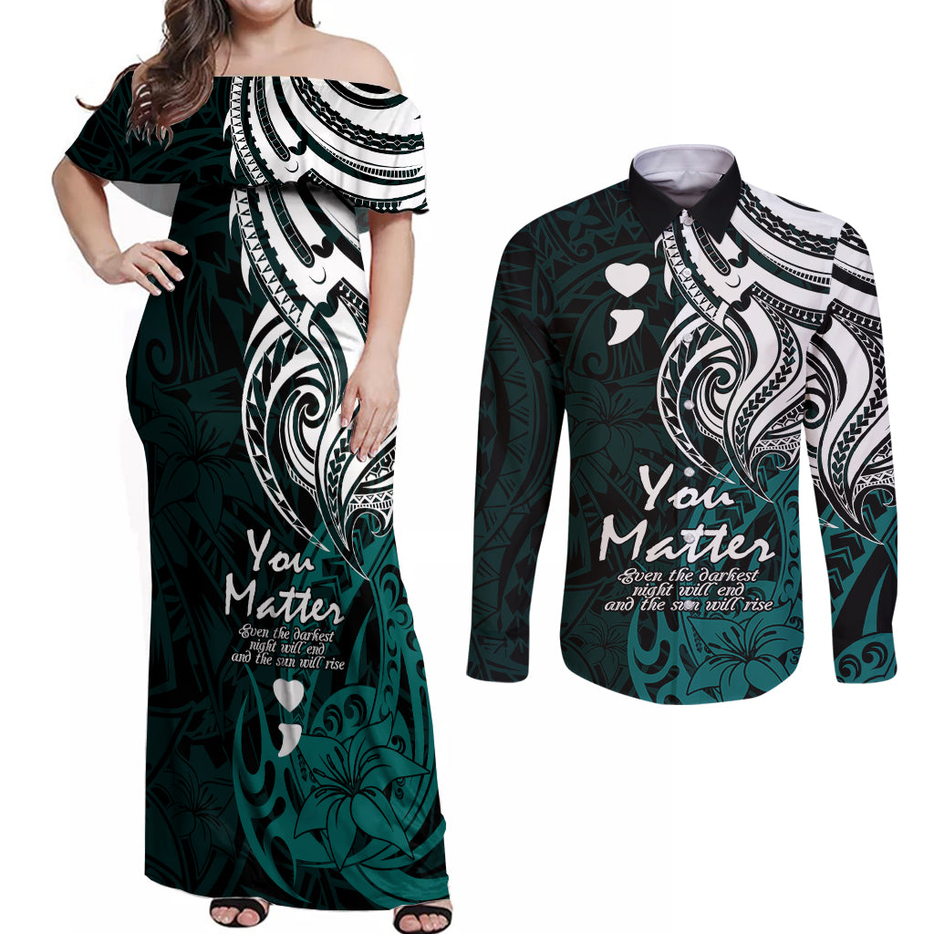 Your Matter Suicide Prevention Couples Matching Off Shoulder Maxi Dress and Long Sleeve Button Shirts Turqoise Polynesian Tribal LT9 Turquoise - Polynesian Pride