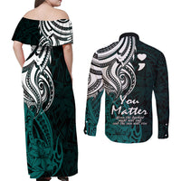 Your Matter Suicide Prevention Couples Matching Off Shoulder Maxi Dress and Long Sleeve Button Shirts Turqoise Polynesian Tribal LT9 - Polynesian Pride