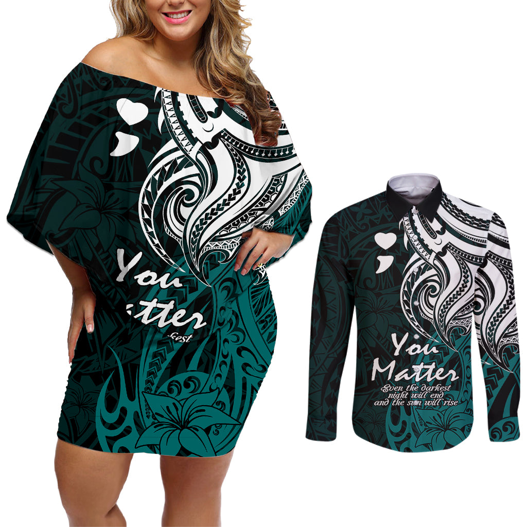Your Matter Suicide Prevention Couples Matching Off Shoulder Short Dress and Long Sleeve Button Shirts Turqoise Polynesian Tribal LT9 Turquoise - Polynesian Pride