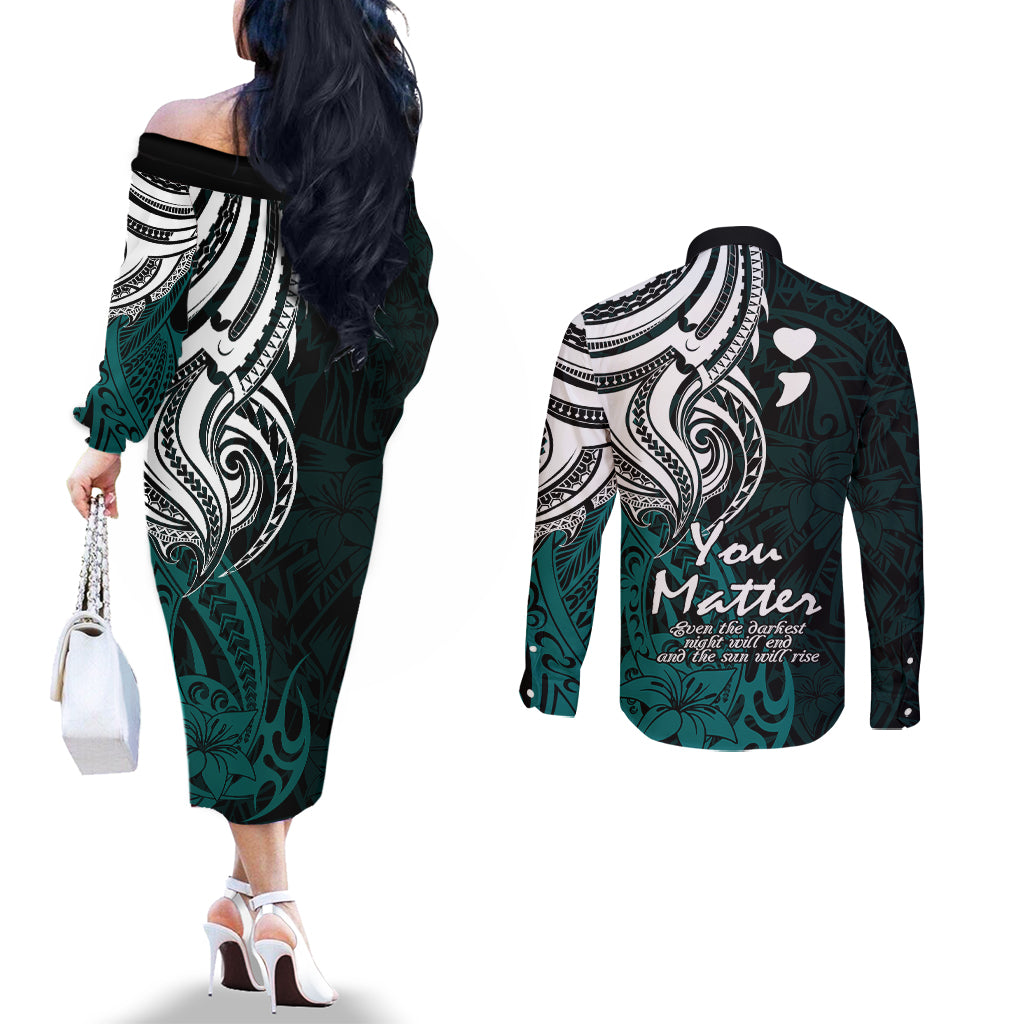 Your Matter Suicide Prevention Couples Matching Off The Shoulder Long Sleeve Dress and Long Sleeve Button Shirts Turqoise Polynesian Tribal LT9 - Polynesian Pride