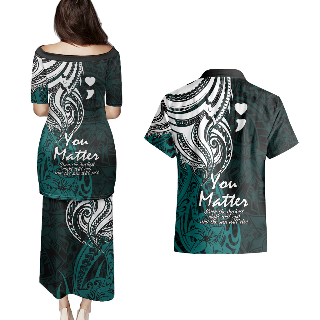 Your Matter Suicide Prevention Couples Matching Puletasi Dress and Hawaiian Shirt Turqoise Polynesian Tribal LT9 - Polynesian Pride