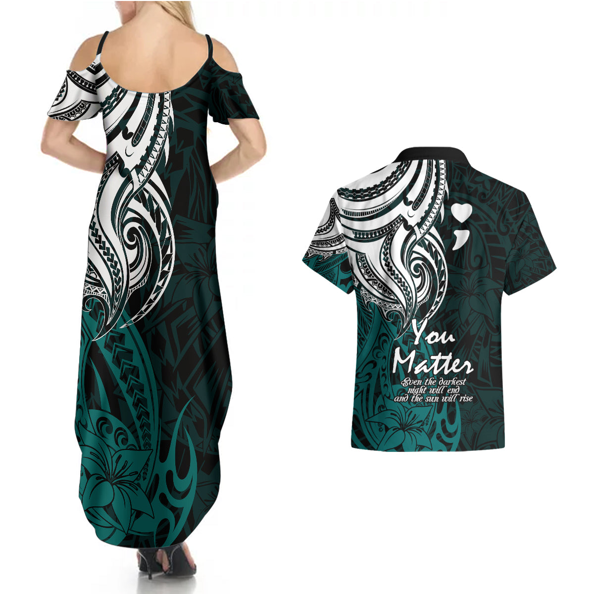 Your Matter Suicide Prevention Couples Matching Summer Maxi Dress and Hawaiian Shirt Turqoise Polynesian Tribal LT9 - Polynesian Pride