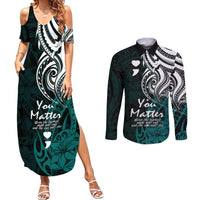 Your Matter Suicide Prevention Couples Matching Summer Maxi Dress and Long Sleeve Button Shirts Turqoise Polynesian Tribal LT9 Turquoise - Polynesian Pride