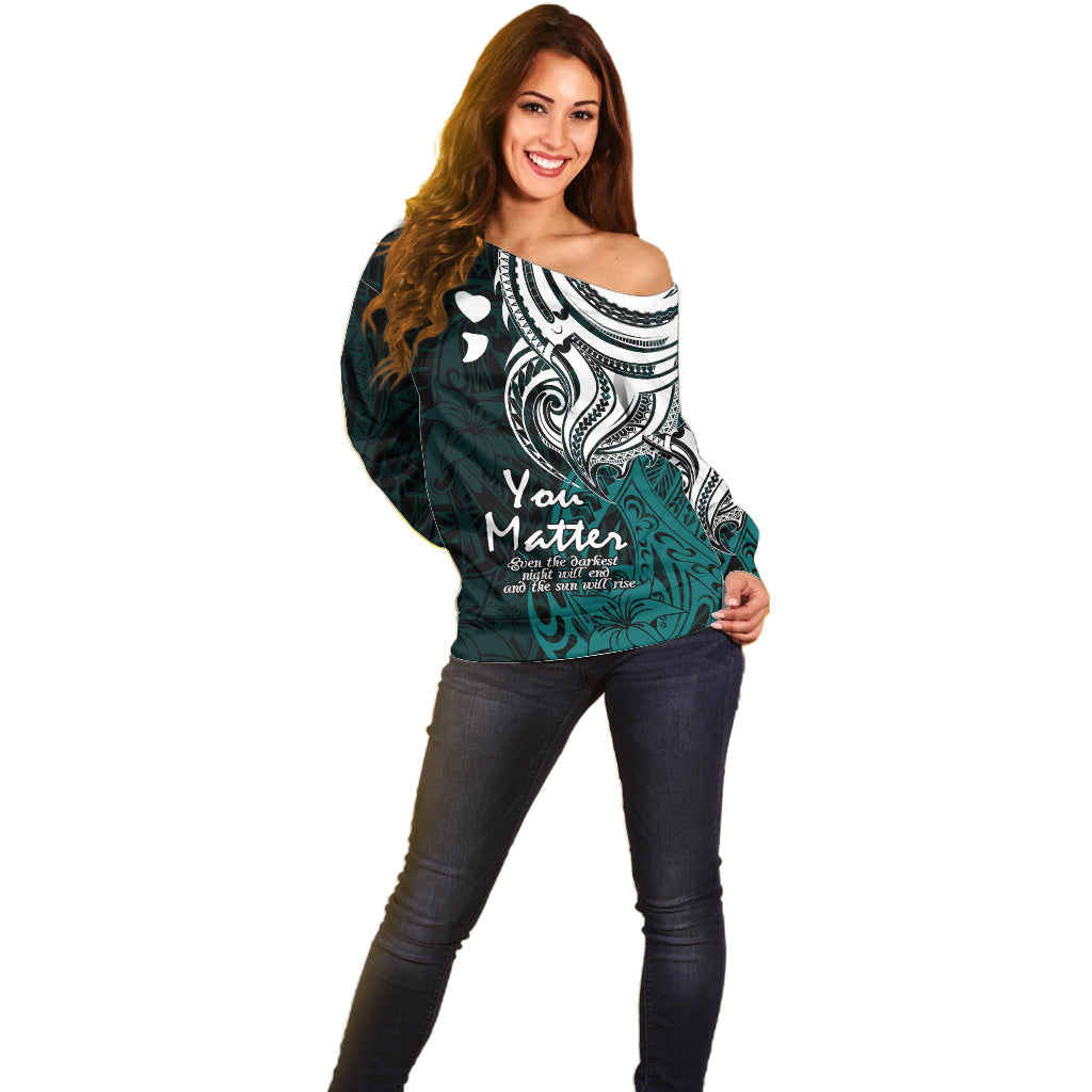 Your Matter Suicide Prevention Off Shoulder Sweater Turqoise Polynesian Tribal LT9 - Polynesian Pride