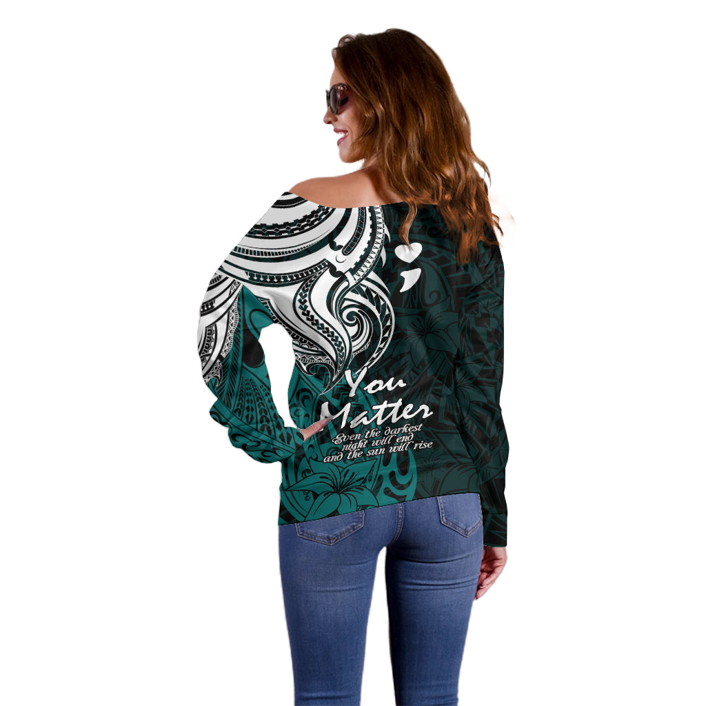 Your Matter Suicide Prevention Off Shoulder Sweater Turqoise Polynesian Tribal LT9 - Polynesian Pride
