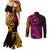 Papua New Guinea Island Couples Matching Mermaid Dress and Long Sleeve Button Shirts Bird of Paradise with Gold Polynesian Tribal LT9 - Polynesian Pride