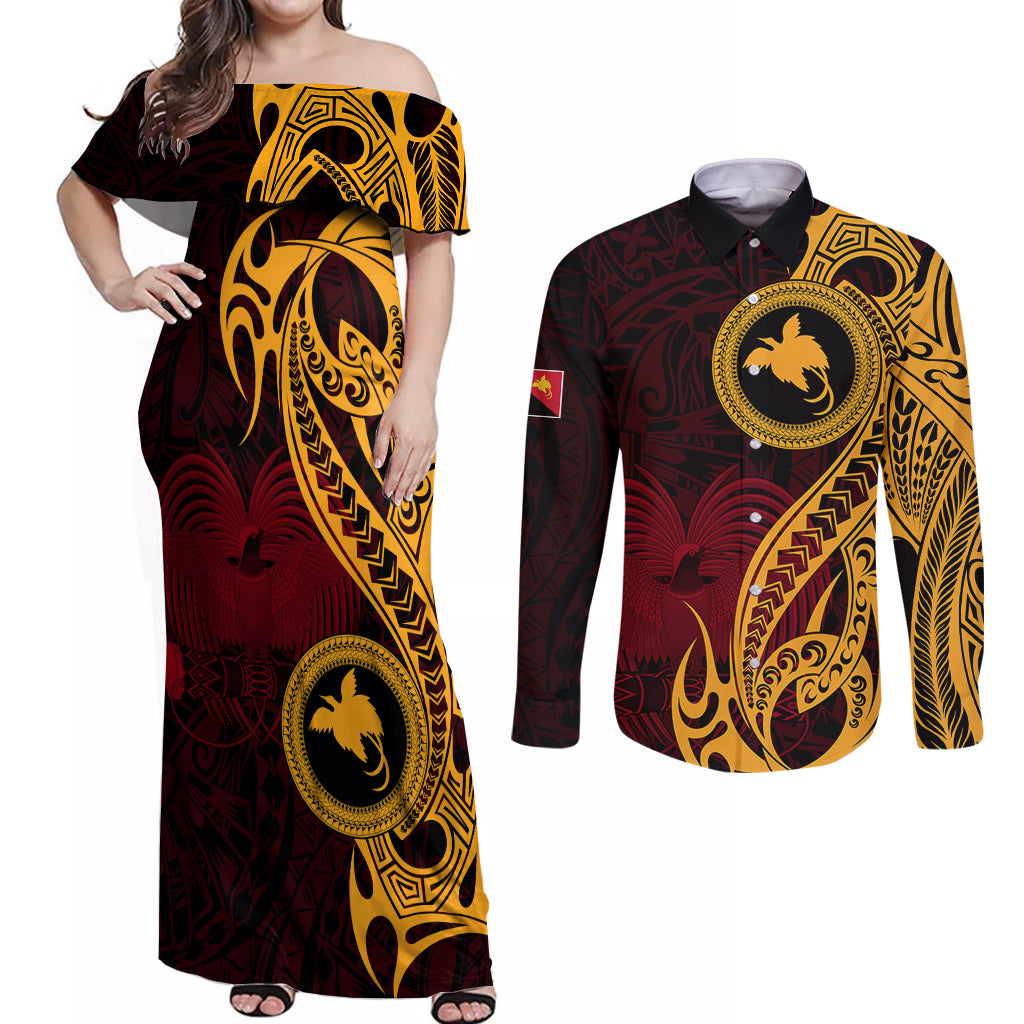 Papua New Guinea Island Couples Matching Off Shoulder Maxi Dress and Long Sleeve Button Shirts Bird of Paradise with Gold Polynesian Tribal LT9 Gold - Polynesian Pride