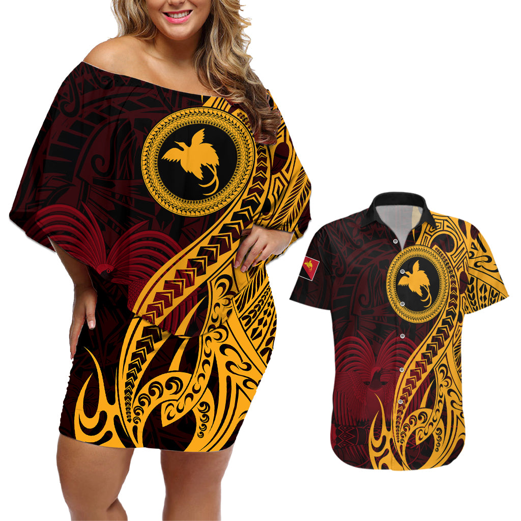Papua New Guinea Island Couples Matching Off Shoulder Short Dress and Hawaiian Shirt Bird of Paradise with Gold Polynesian Tribal LT9 Gold - Polynesian Pride