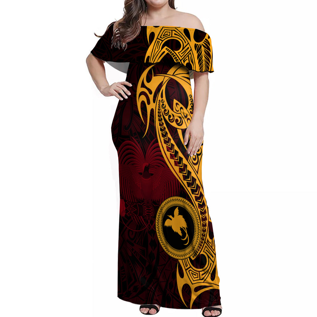 Papua New Guinea Island Off Shoulder Maxi Dress Bird of Paradise with Gold Polynesian Tribal LT9 Women Gold - Polynesian Pride