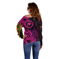 Papua New Guinea Island Off Shoulder Sweater Bird of Paradise with Gold Polynesian Tribal LT9 - Polynesian Pride