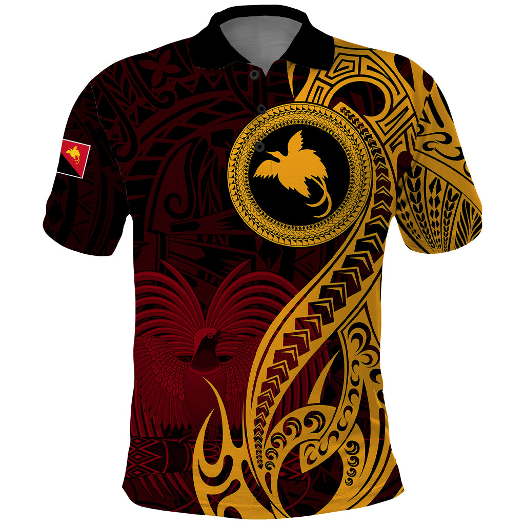 Papua New Guinea Island Polo Shirt Bird of Paradise with Gold Polynesian Tribal LT9 Gold - Polynesian Pride