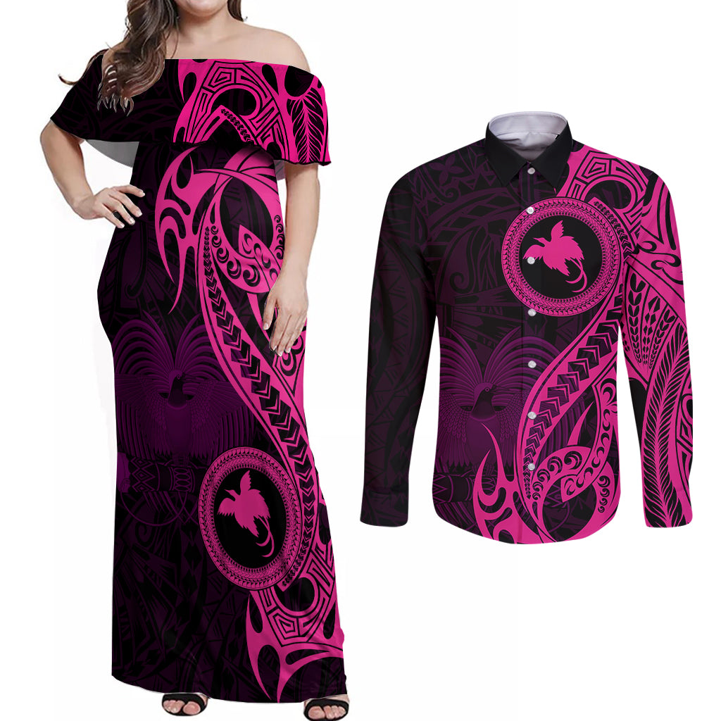 Papua New Guinea Island Couples Matching Off Shoulder Maxi Dress and Long Sleeve Button Shirts Bird of Paradise with Pink Polynesian Tribal LT9 Pink - Polynesian Pride