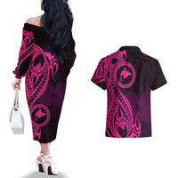 Papua New Guinea Island Couples Matching Off The Shoulder Long Sleeve Dress and Hawaiian Shirt Bird of Paradise with Pink Polynesian Tribal LT9 - Polynesian Pride